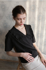 Women’s Linen Blouse with Ruffle Collar, Side Tie Detail, and Short Sleeves