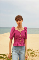 Puff Sleeve Button-Front Linen Blouse with Sweetheart Neckline for Women