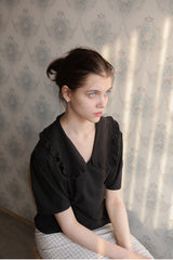 Women’s Linen Blouse with Ruffle Collar, Side Tie Detail, and Short Sleeves