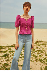 Puff Sleeve Button-Front Linen Blouse with Sweetheart Neckline for Women