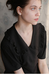 Women’s Linen Blouse with Ruffle Collar, Side Tie Detail, and Short Sleeves