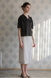 Women’s Linen Blouse with Ruffle Collar, Side Tie Detail, and Short Sleeves