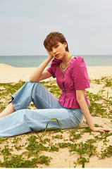 Puff Sleeve Button-Front Linen Blouse with Sweetheart Neckline for Women