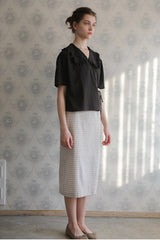 Women’s Linen Blouse with Ruffle Collar, Side Tie Detail, and Short Sleeves