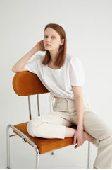 Elegant Square Neck Linen Blouse with Puff Sleeves and Back Button Detail for Women