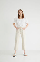 Elegant Square Neck Linen Blouse with Puff Sleeves and Back Button Detail for Women