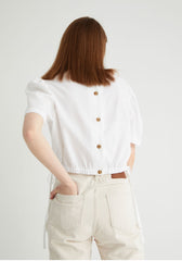 Elegant Square Neck Linen Blouse with Puff Sleeves and Back Button Detail for Women