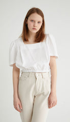 Elegant Square Neck Linen Blouse with Puff Sleeves and Back Button Detail for Women