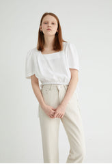 Elegant Square Neck Linen Blouse with Puff Sleeves and Back Button Detail for Women