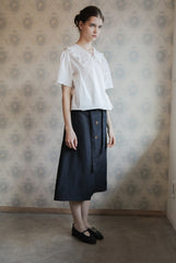Women’s Linen Wrap Blouse with Ruffle Collar, Short Sleeves, and Side Tie Closure