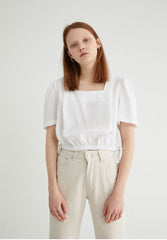 Elegant Square Neck Linen Blouse with Puff Sleeves and Back Button Detail for Women