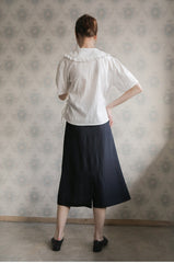 Women’s Linen Wrap Blouse with Ruffle Collar, Short Sleeves, and Side Tie Closure