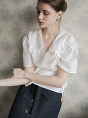 Women’s Linen Wrap Blouse with Ruffle Collar, Short Sleeves, and Side Tie Closure
