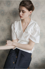 Women’s Linen Wrap Blouse with Ruffle Collar, Short Sleeves, and Side Tie Closure
