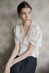 Women’s Linen Wrap Blouse with Ruffle Collar, Short Sleeves, and Side Tie Closure