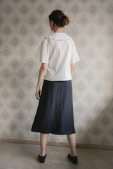 Women’s Linen Wrap Blouse with Ruffle Collar, Short Sleeves, and Side Tie Closure