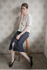 Women’s Linen Wrap Blouse with Ruffle Collar, Short Sleeves, and Side Tie Closure