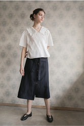 Women’s Linen Wrap Blouse with Ruffle Collar, Short Sleeves, and Side Tie Closure