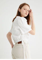 Elegant Square Neck Linen Blouse with Puff Sleeves and Back Button Detail for Women