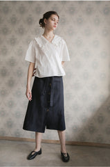 Women’s Linen Wrap Blouse with Ruffle Collar, Short Sleeves, and Side Tie Closure