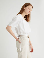 Puff Sleeve Linen Blouse with Square Neckline and Button Back Detail