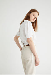 Puff Sleeve Linen Blouse with Square Neckline and Button Back Detail