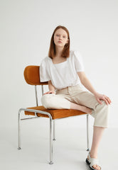 Puff Sleeve Linen Blouse with Square Neckline and Button Back Detail