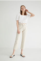 Puff Sleeve Linen Blouse with Square Neckline and Button Back Detail