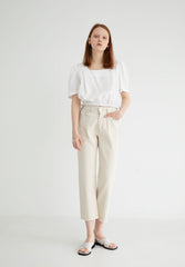 Puff Sleeve Linen Blouse with Square Neckline and Button Back Detail