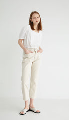 Puff Sleeve Linen Blouse with Square Neckline and Button Back Detail
