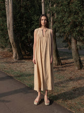 Sleeveless Linen Maxi Dress With Pleated Neckline And Relaxed A-Line Silhouette
