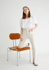 Puff Sleeve Linen Blouse with Square Neckline and Button Back Detail