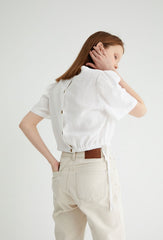 Puff Sleeve Linen Blouse with Square Neckline and Button Back Detail