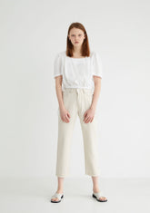 Puff Sleeve Linen Blouse with Square Neckline and Button Back Detail