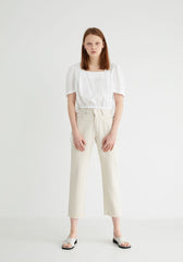 Puff Sleeve Linen Blouse with Square Neckline and Button Back Detail