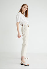 Puff Sleeve Linen Blouse with Square Neckline and Button Back Detail