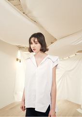 Women's Puff Sleeve Linen Blouse with Square Neckline and Back Button Detail