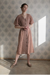 Women’s Gingham Linen Midi Dress with Puff Sleeves and Button-Front A-Line Silhouette
