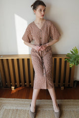 Women’s Gingham Linen Midi Dress with Puff Sleeves and Button-Front A-Line Silhouette