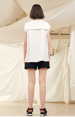 Women's Puff Sleeve Linen Blouse with Square Neckline and Back Button Detail