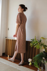 Women’s Gingham Linen Midi Dress with Puff Sleeves and Button-Front A-Line Silhouette