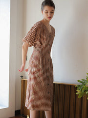 Women’s Gingham Linen Midi Dress with Puff Sleeves and Button-Front A-Line Silhouette