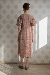 Women’s Gingham Linen Midi Dress with Puff Sleeves and Button-Front A-Line Silhouette