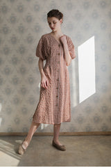 Women’s Gingham Linen Midi Dress with Puff Sleeves and Button-Front A-Line Silhouette