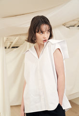 Women's Puff Sleeve Linen Blouse with Square Neckline and Back Button Detail