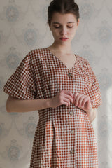Women’s Gingham Linen Midi Dress with Puff Sleeves and Button-Front A-Line Silhouette