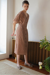 Women’s Gingham Linen Midi Dress with Puff Sleeves and Button-Front A-Line Silhouette