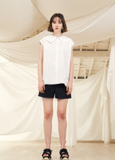 Women's Puff Sleeve Linen Blouse with Square Neckline and Back Button Detail