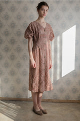 Women’s Gingham Linen Midi Dress with Puff Sleeves and Button-Front A-Line Silhouette
