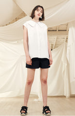 Women's Puff Sleeve Linen Blouse with Square Neckline and Back Button Detail